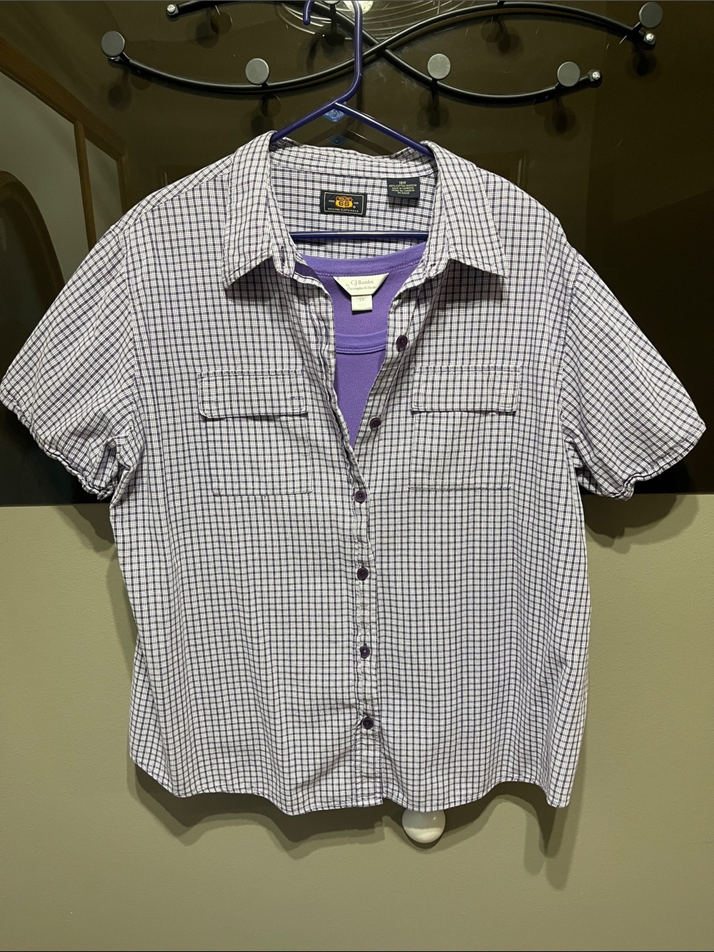 Route 66 Purple and White Checked Short-Sleeve Button Shirt with CJ Banks Tank